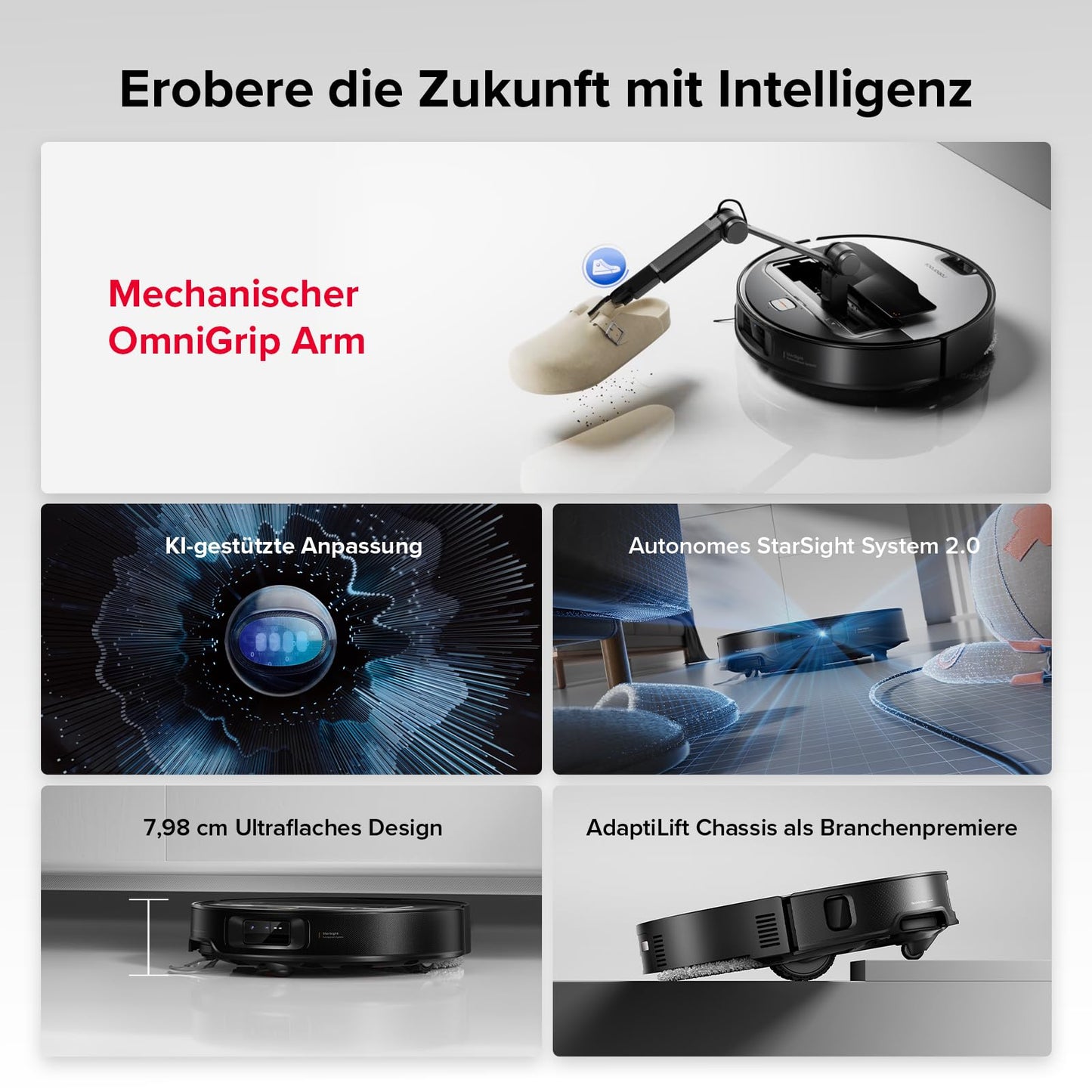 Roborock Saros Z70 Silber Saugroboter mit Wischfunktion, 22.000 Pa, 7,98cm Ultra-Slim, OmniGrip
