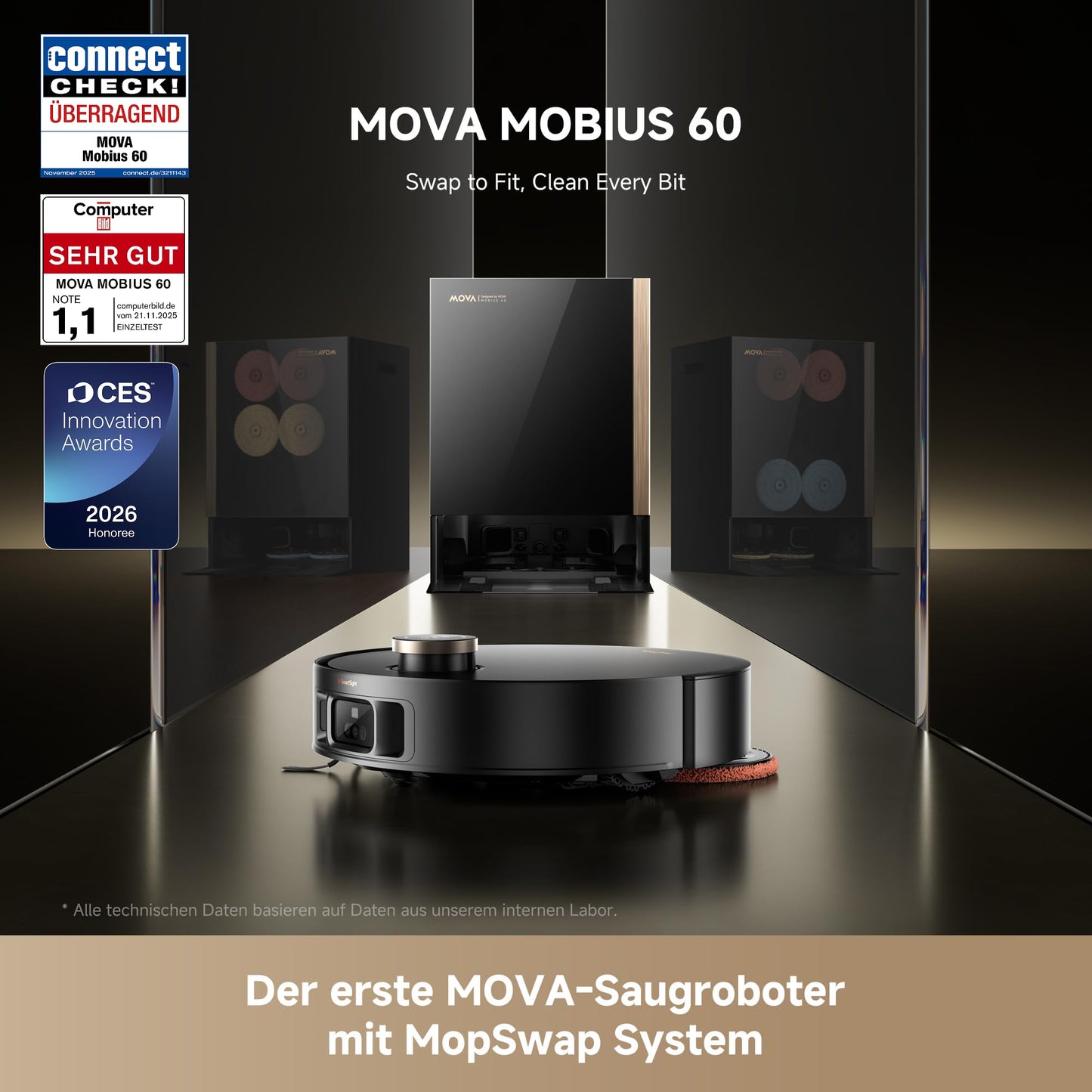 Mova Mobius 60 Saugroboter mit MopSwap, 30.000 Pa, 8cm Hindernisüberquerung, 100°C PTC