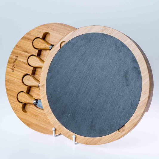 Rundes Bambus Käsebrett 30 cm mit Messer Set & Schieferplatte – Drehbare Servierplatte für Käse & Snacks – Cheese Charcuterie Board