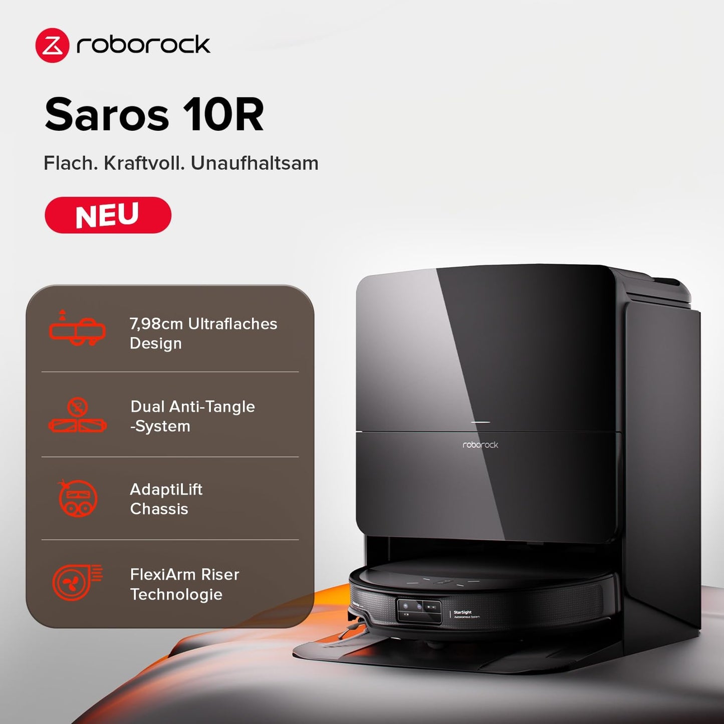 Roborock Saros 10R Saugroboter mit Wischfunktion, 22.000 Pa, 7,98cm Ultra-Slim, Zero-Tangle