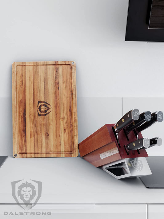 DALSTRONG Cutting Board - 100% Teak Wood - Horizontal Tight Wood Grain - Laser-Engraved Measurements & Juice Groove - 22 x 15 (Large)