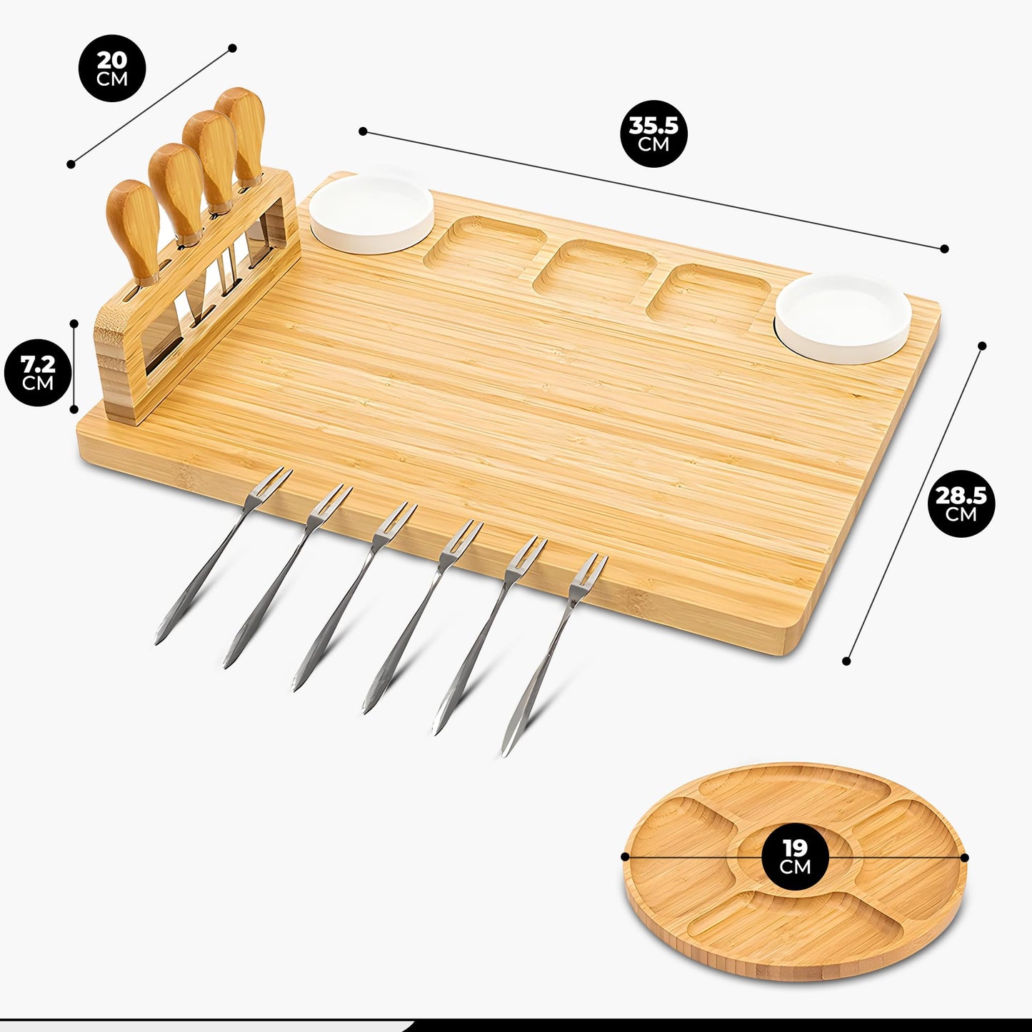 Kicinn Bambus Käseplatte Set 35x28cm – Servierplatte mit 2 Dip-Schalen, 4 Messern, 6 Gabeln & Mini-Board – Nachhaltig & Robust für Snacks