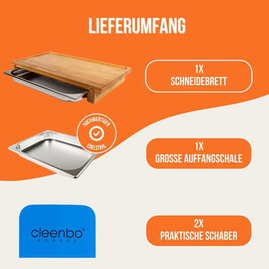 cleenbo XXL Schneidebrett aus Eiche mit Edelstahl-Auffangschale – Profi Hackbrett 65x36x8,7 cm für Küche & BBQ