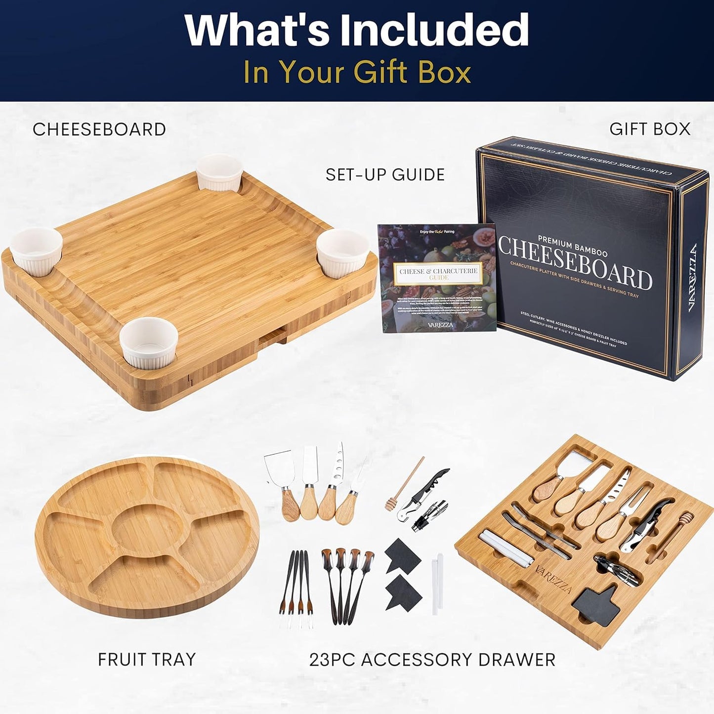 VAREZZA Bambus Käsebrett & Messer Set XL – Charcuterie Servierbrett mit 23 Zubehörteilen, Obst- & Käseplatte, Geschenkidee