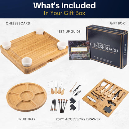 VAREZZA Bambus Käsebrett & Messer Set XL – Charcuterie Servierbrett mit 23 Zubehörteilen, Obst- & Käseplatte, Geschenkidee