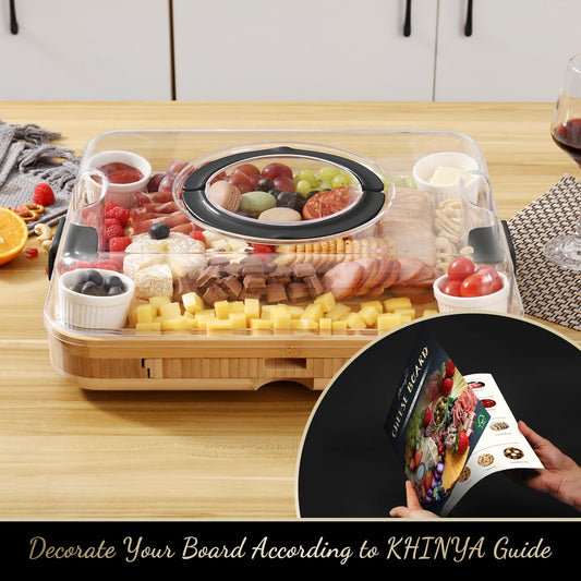 KHINYA Charcuterie Board Set – Käsebrett mit Deckel & Griff, 3 Schubladen, schwarz – Geschenk für Frauen & Einweihung, Servierplatte Holz