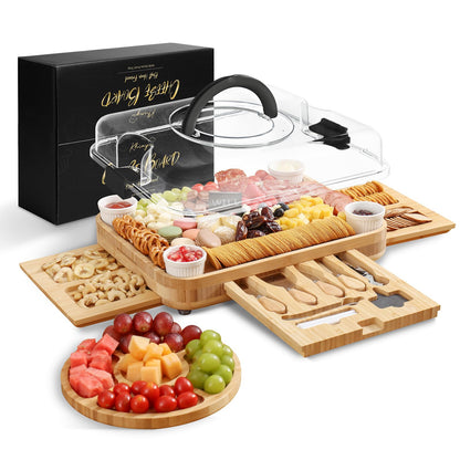 KHINYA Charcuterie Board Set – Käsebrett mit Deckel & Griff, 3 Schubladen, schwarz – Geschenk für Frauen & Einweihung, Servierplatte Holz