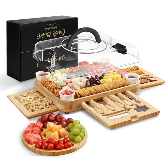 KHINYA Charcuterie Board Set – Käsebrett mit Deckel & Griff, 3 Schubladen, schwarz – Geschenk für Frauen & Einweihung, Servierplatte Holz