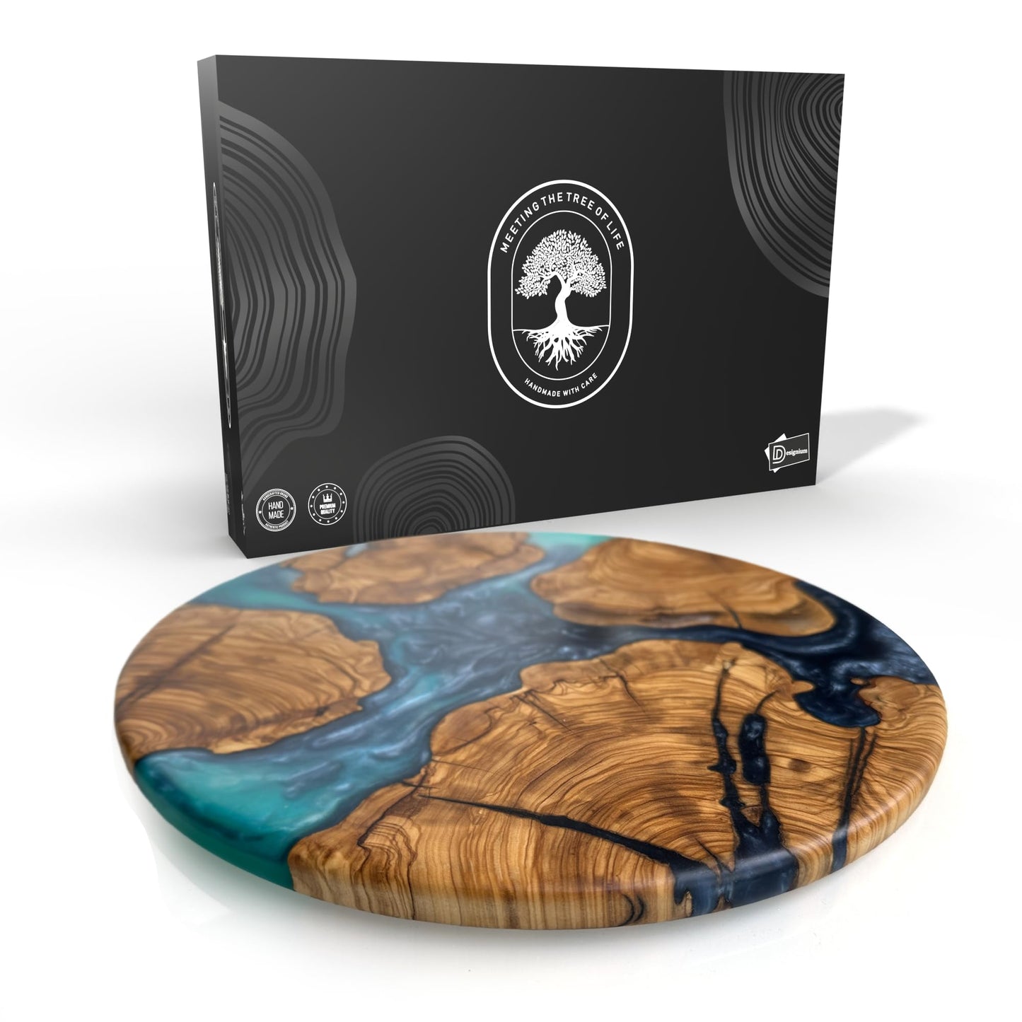 Rundes Schneidebrett aus Olivenholz & Epoxidharz – Handgefertigt, Charcuterie & Käsebrett, Pizzabrett (Ozean-Design)