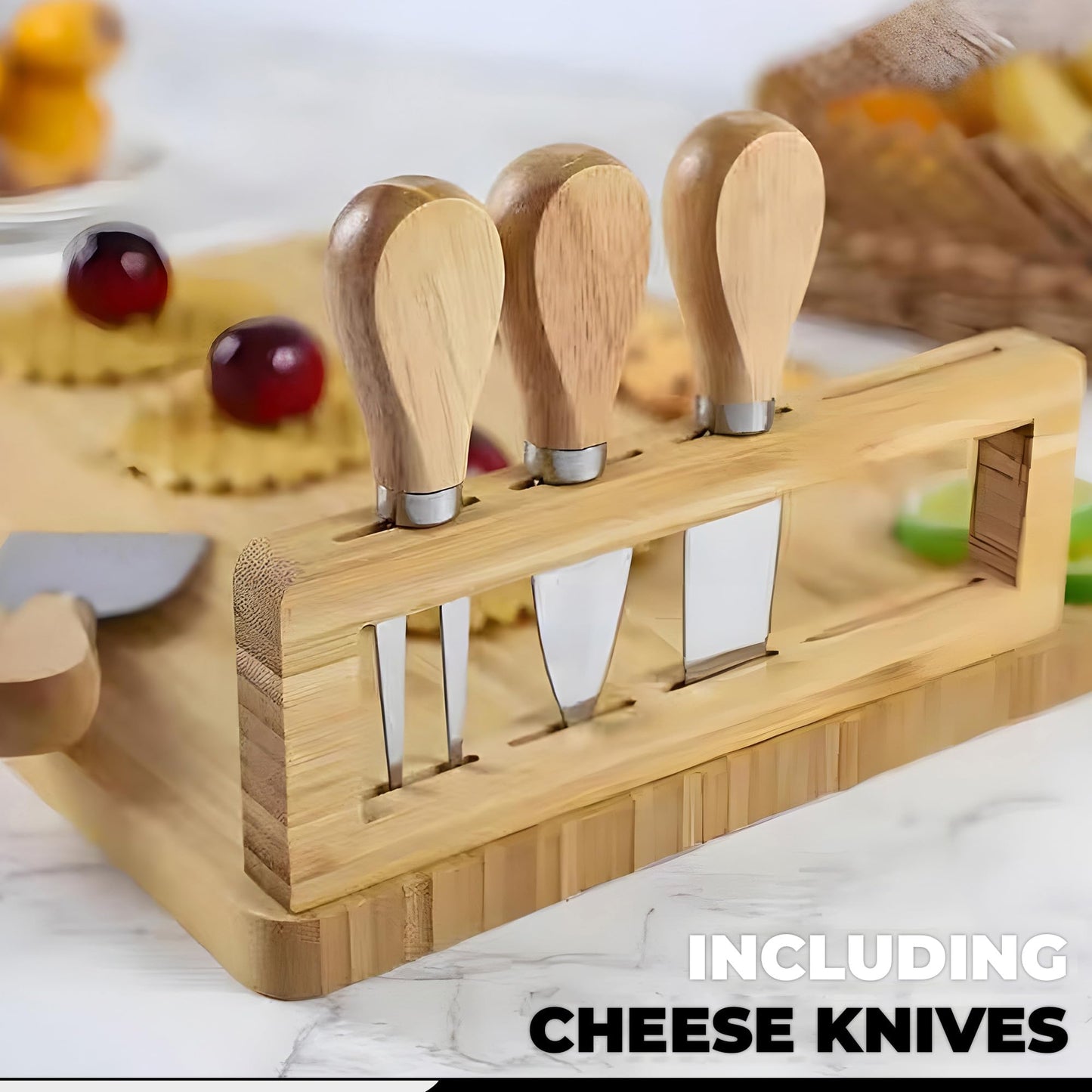 Kicinn Bambus Käseplatte Set 35x28cm – Servierplatte mit 2 Dip-Schalen, 4 Messern, 6 Gabeln & Mini-Board – Nachhaltig & Robust für Snacks