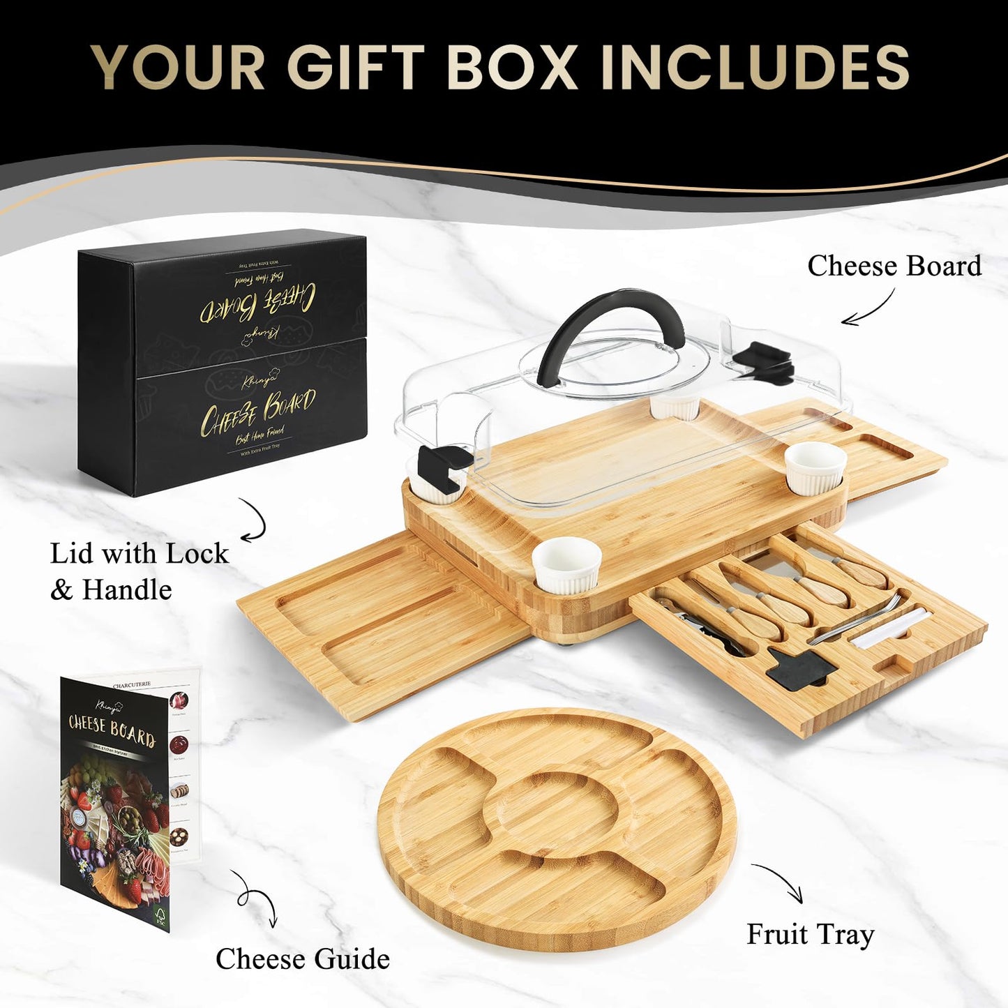 KHINYA Charcuterie Board Set – Käsebrett mit Deckel & Griff, 3 Schubladen, schwarz – Geschenk für Frauen & Einweihung, Servierplatte Holz