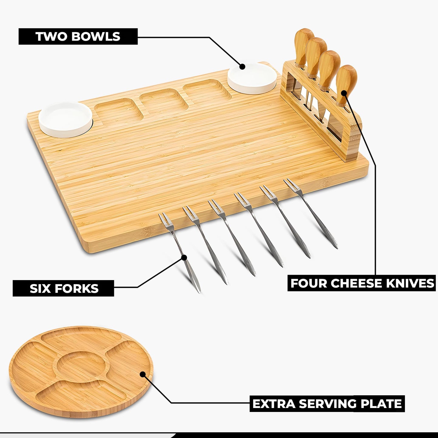 Kicinn Bambus Käseplatte Set 35x28cm – Servierplatte mit 2 Dip-Schalen, 4 Messern, 6 Gabeln & Mini-Board – Nachhaltig & Robust für Snacks