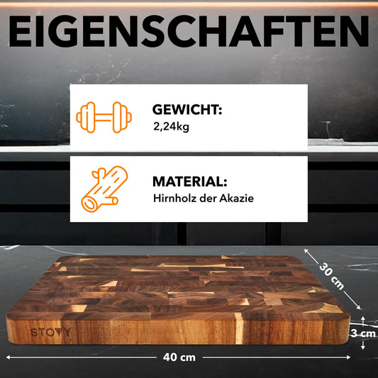 STOVY® Schneidebrett Holz – Stirnholz Schneidebrett aus massivem Akazienholz 40 x 30 x 3cm – Antibakterielles Hirnholz schneidebrett – Akazienholz