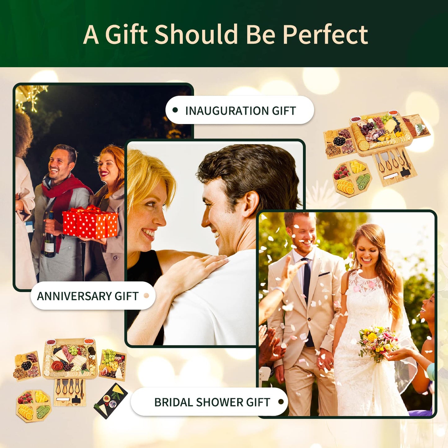 Charcuterie Käsebrett mit Messerset & 3 Schubladen – Großes Servierbrett – Geschenk für Paare, Hochzeit, Einweihung, Brautdusche