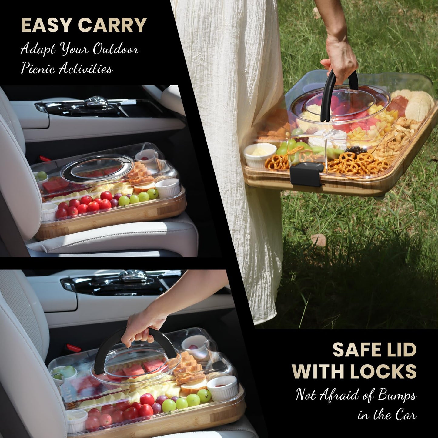 KHINYA Charcuterie Board Set – Käsebrett mit Deckel & Griff, 3 Schubladen, schwarz – Geschenk für Frauen & Einweihung, Servierplatte Holz