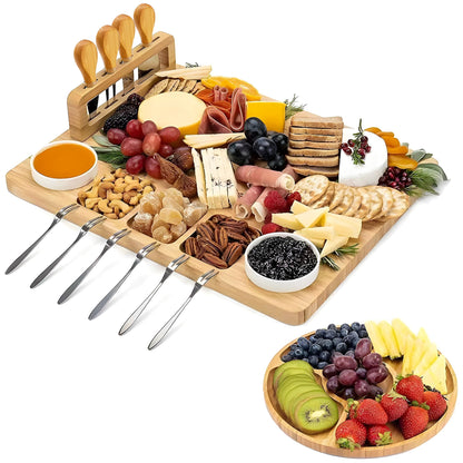Kicinn Bambus Käseplatte Set 35x28cm – Servierplatte mit 2 Dip-Schalen, 4 Messern, 6 Gabeln & Mini-Board – Nachhaltig & Robust für Snacks