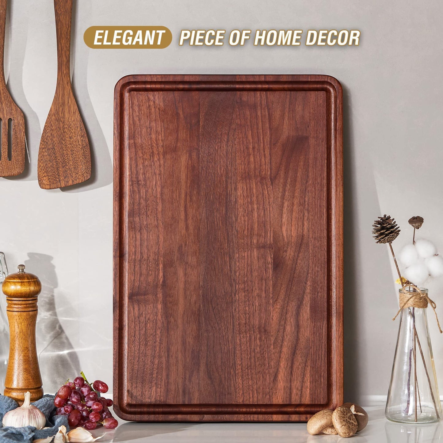 AZRHOM Walnussholz Schneidebrett 45x30 cm – Dickes, Wendbares Küchenbrett mit Saftrille & Antirutschmatten, Metzger-/Servierbrett