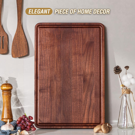 AZRHOM Walnussholz Schneidebrett 45x30 cm – Dickes, Wendbares Küchenbrett mit Saftrille & Antirutschmatten, Metzger-/Servierbrett