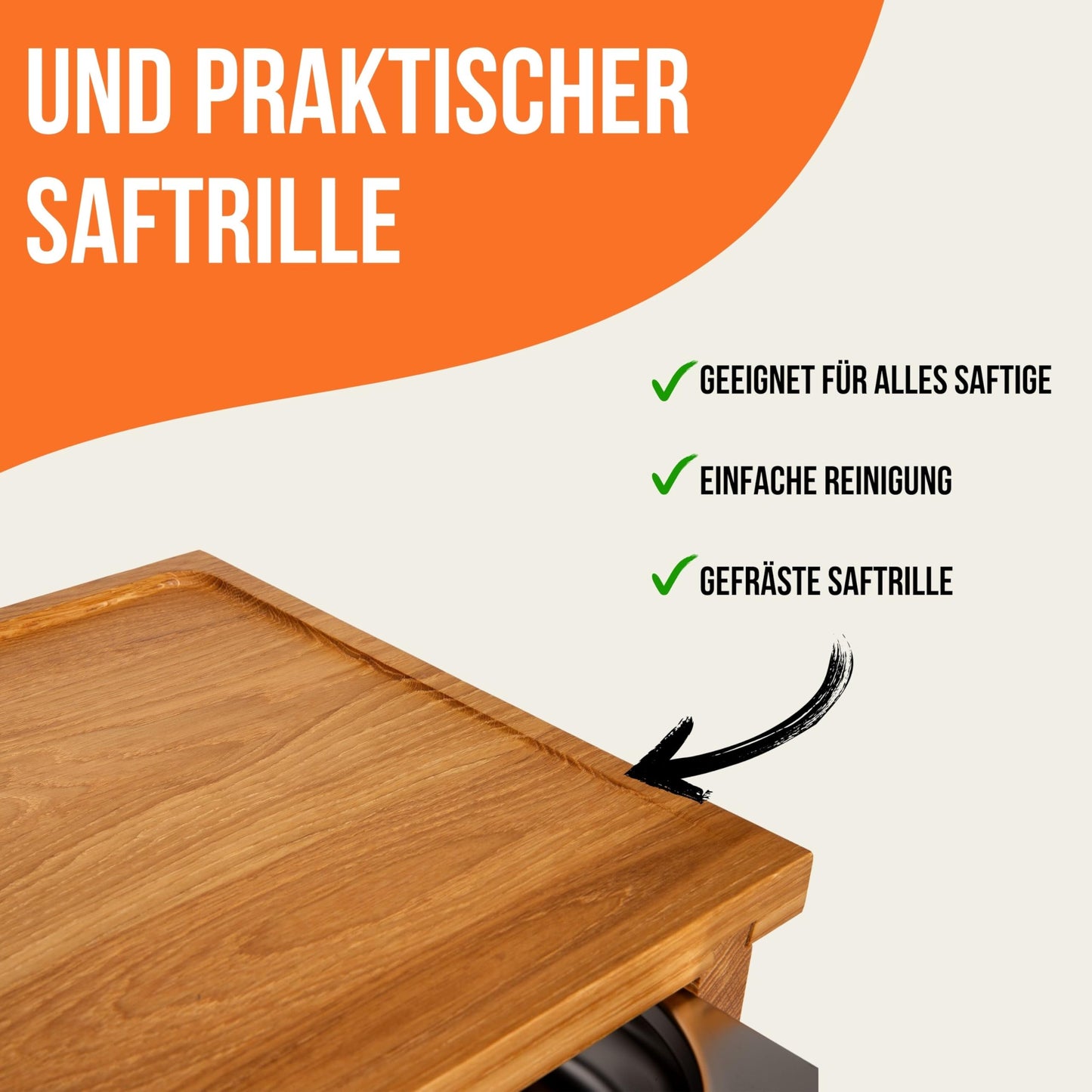 cleenbo XXL Schneidebrett aus Eiche mit Edelstahl-Auffangschale – Profi Hackbrett 65x36x8,7 cm für Küche & BBQ