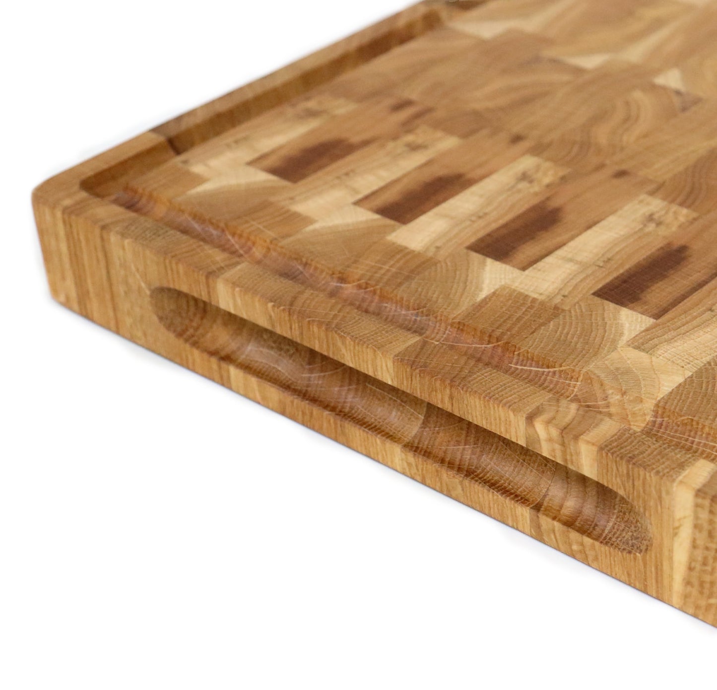 B4K® Eiche Stirnholz Schneidebrett 50x35 cm – Hackblock mit Saftrille, Griffen & Silikonfüßen – Für Küche, Fleisch & BBQ