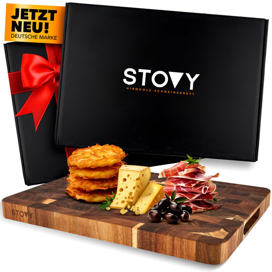 STOVY® Schneidebrett Holz – Stirnholz Schneidebrett aus massivem Akazienholz 40 x 30 x 3cm – Antibakterielles Hirnholz schneidebrett – Akazienholz
