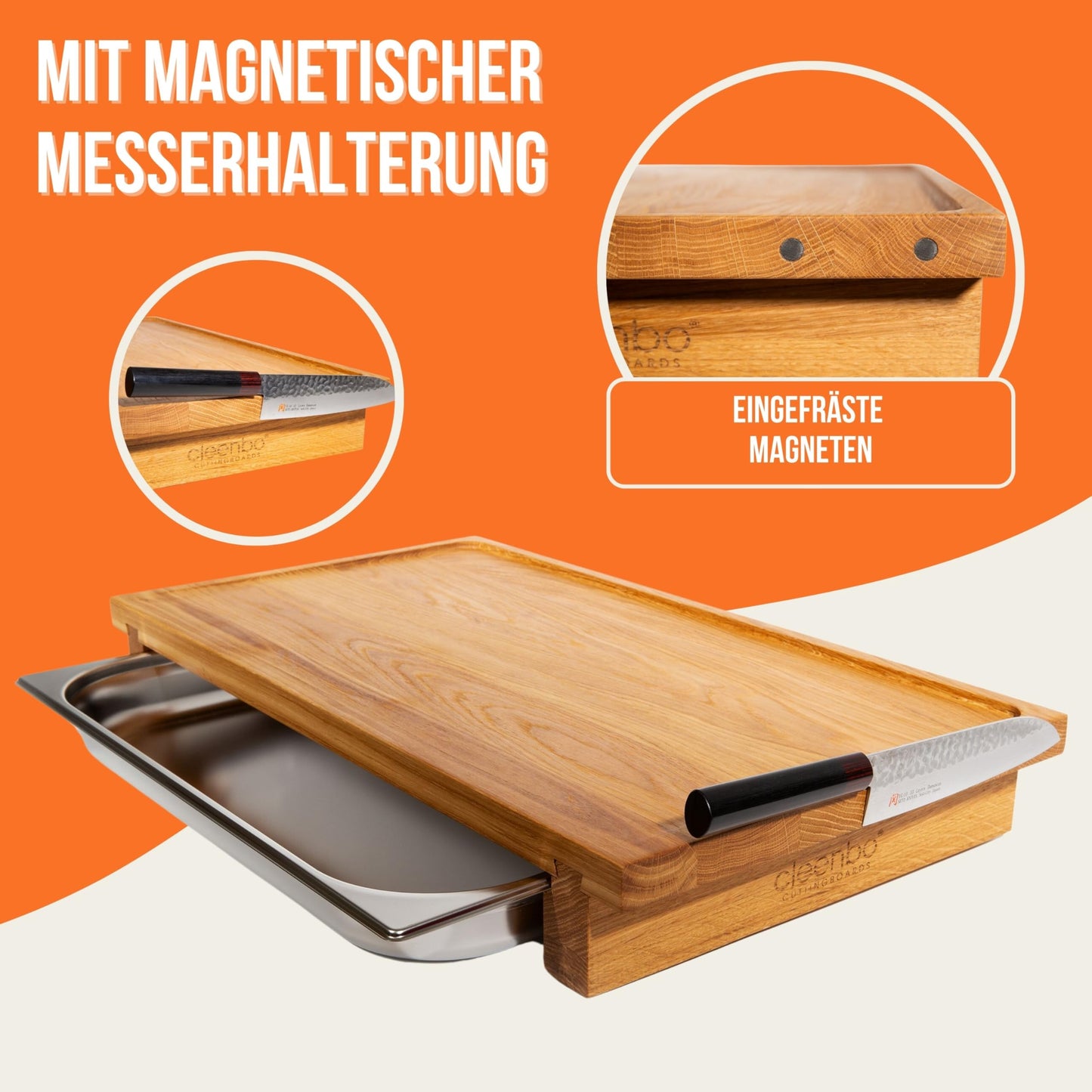 cleenbo XXL Schneidebrett aus Eiche mit Edelstahl-Auffangschale – Profi Hackbrett 65x36x8,7 cm für Küche & BBQ