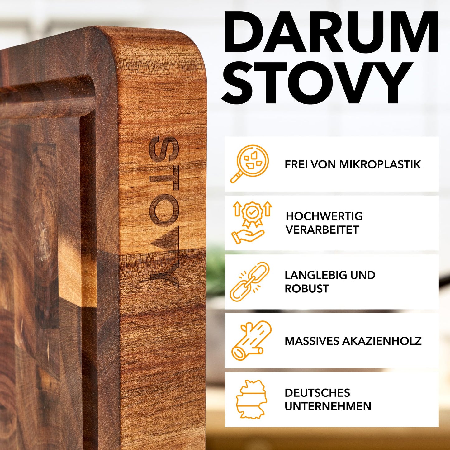 STOVY® Schneidebrett Holz – Stirnholz Schneidebrett aus massivem Akazienholz 40 x 30 x 3cm – Antibakterielles Hirnholz schneidebrett – Akazienholz