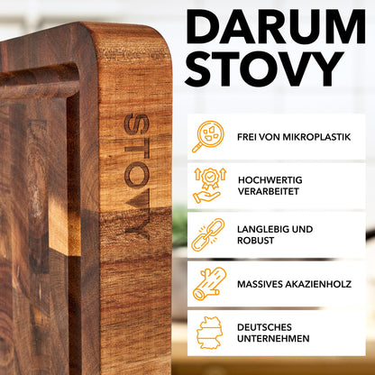 STOVY® Schneidebrett Holz – Stirnholz Schneidebrett aus massivem Akazienholz 40 x 30 x 3cm – Antibakterielles Hirnholz schneidebrett – Akazienholz