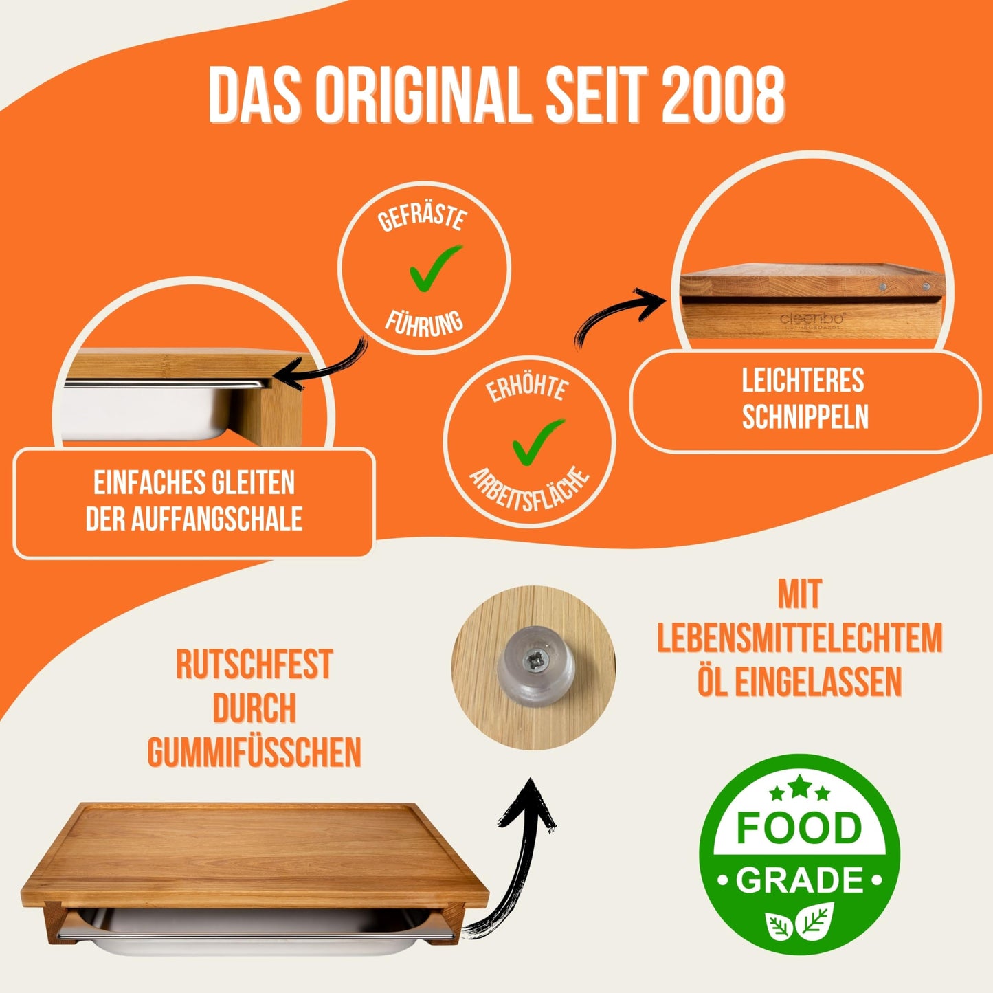 cleenbo XXL Schneidebrett aus Eiche mit Edelstahl-Auffangschale – Profi Hackbrett 65x36x8,7 cm für Küche & BBQ