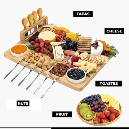 Kicinn Bambus Käseplatte Set 35x28cm – Servierplatte mit 2 Dip-Schalen, 4 Messern, 6 Gabeln & Mini-Board – Nachhaltig & Robust für Snacks