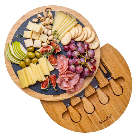 Rundes Bambus Käsebrett 30 cm mit Messer Set & Schieferplatte – Drehbare Servierplatte für Käse & Snacks – Cheese Charcuterie Board