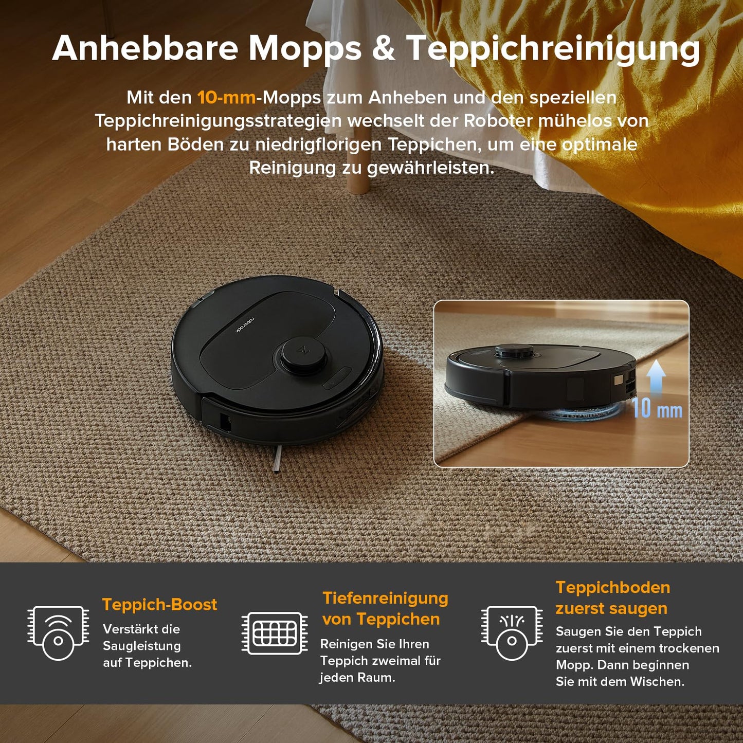 Roborock QV 35A Schwarz Saugroboter mit Wischfunktion, 8.000 Pa, Hebarer Mopp, Anti-Verfilzung