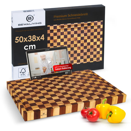 BEWALIVING XL Schneidebrett 50x38x4cm aus Akazien & Hevea Holz – Hackbrett mit Saftrille & Griffen – FSC® Stirnholz Servierbrett