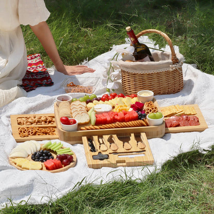 KHINYA Charcuterie Board Set – Käsebrett mit Deckel & Griff, 3 Schubladen, schwarz – Geschenk für Frauen & Einweihung, Servierplatte Holz