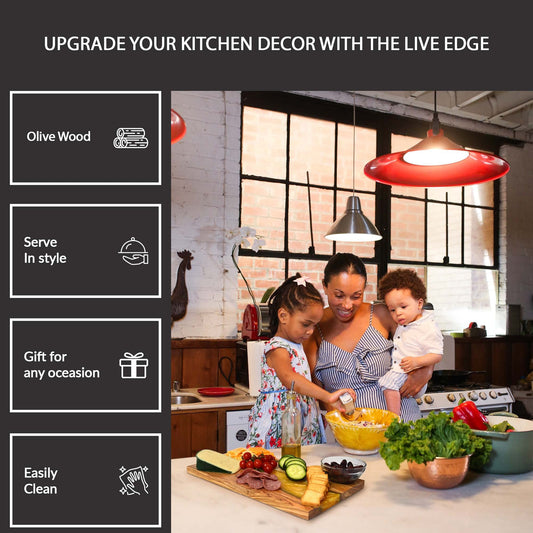 THE LIVE EDGE Olivenholz Charcuterie Board XL – Handgefertigtes Schneidebrett mit Epoxidharz, Servierplatte für Fleisch & Käse, Geschenkidee