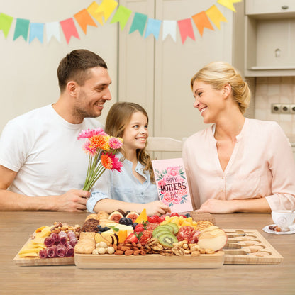 FamRica Bambus Käsebrett mit Messer & Schublade – Charcuterie Board mit 3 Keramikschalen – Geschenk für Hochzeit & Einweihung