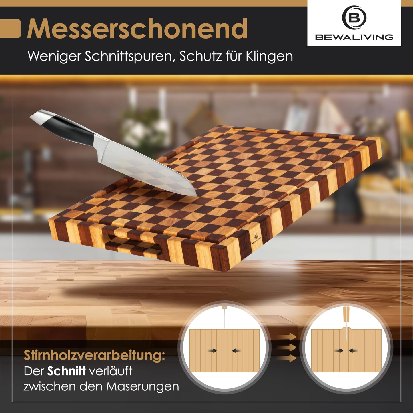 BEWALIVING XL Schneidebrett 50x38x4cm aus Akazien & Hevea Holz – Hackbrett mit Saftrille & Griffen – FSC® Stirnholz Servierbrett
