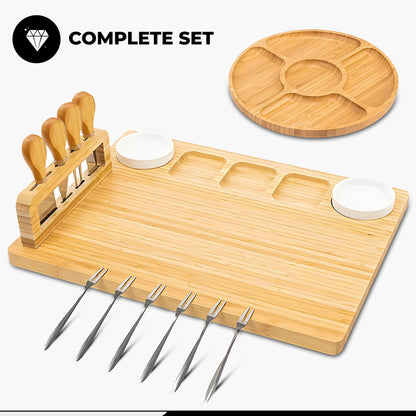 Kicinn Bambus Käseplatte Set 35x28cm – Servierplatte mit 2 Dip-Schalen, 4 Messern, 6 Gabeln & Mini-Board – Nachhaltig & Robust für Snacks