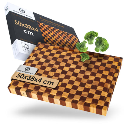 BEWALIVING XL Schneidebrett 50x38x4cm aus Akazien & Hevea Holz – Hackbrett mit Saftrille & Griffen – FSC® Stirnholz Servierbrett
