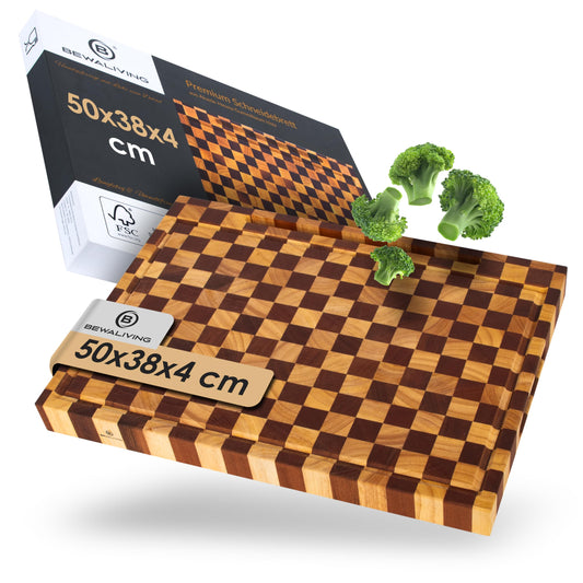 BEWALIVING XL Schneidebrett 50x38x4cm aus Akazien & Hevea Holz – Hackbrett mit Saftrille & Griffen – FSC® Stirnholz Servierbrett