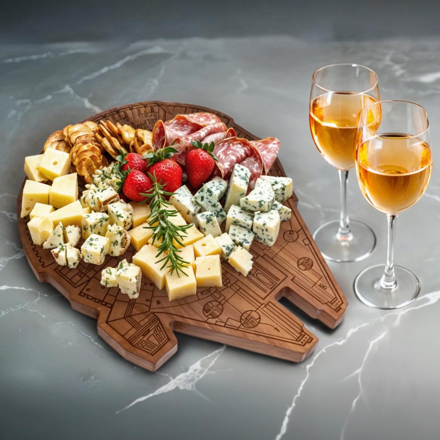Straga Millennium Falcon Walnuss Schneidebrett – Handgefertigtes Charcuterie- & Cutting Board aus Premium Walnussholz, Geschenk für Weihnachten & Vatertag