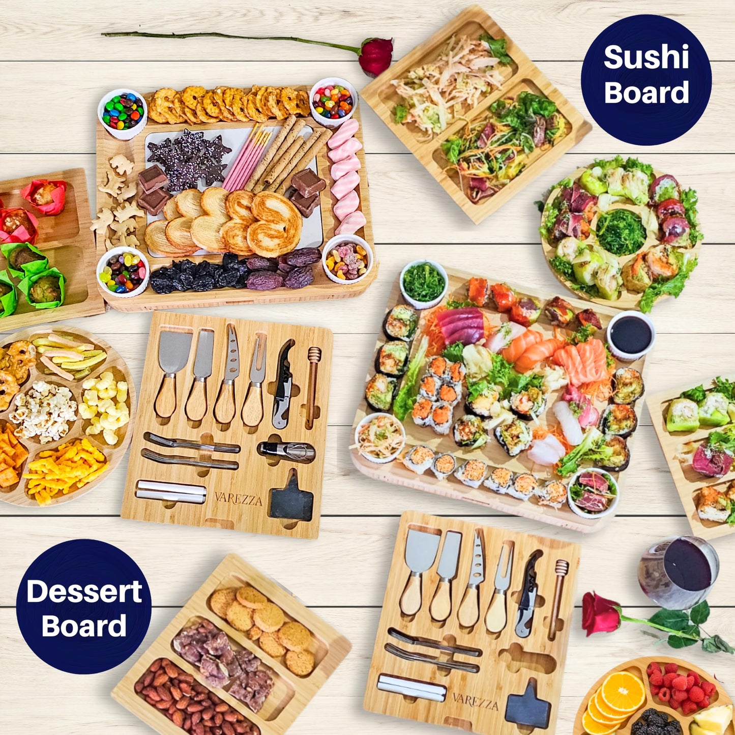 VAREZZA Bambus Käsebrett & Messer Set XL – Charcuterie Servierbrett mit 23 Zubehörteilen, Obst- & Käseplatte, Geschenkidee